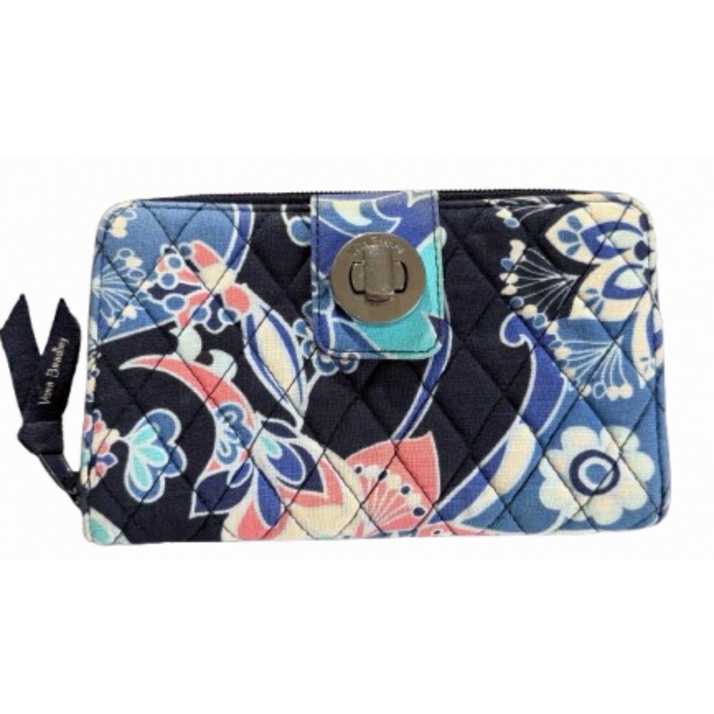 Vera Bradley RFID Turn Lock Zip Around Wallet Floral Quilted Organizer Blue
